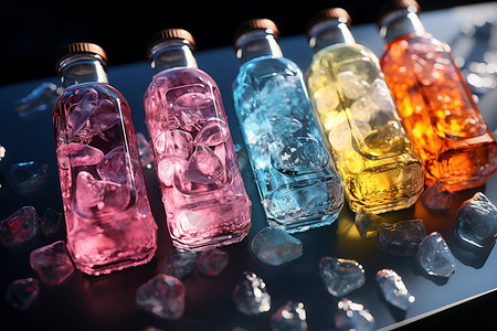 瓶子里色彩斑斓的冰块背景图片