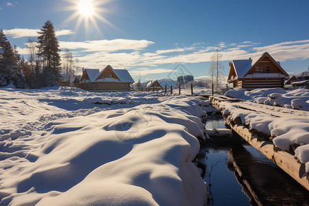 大雪覆盖的乡村木屋图片