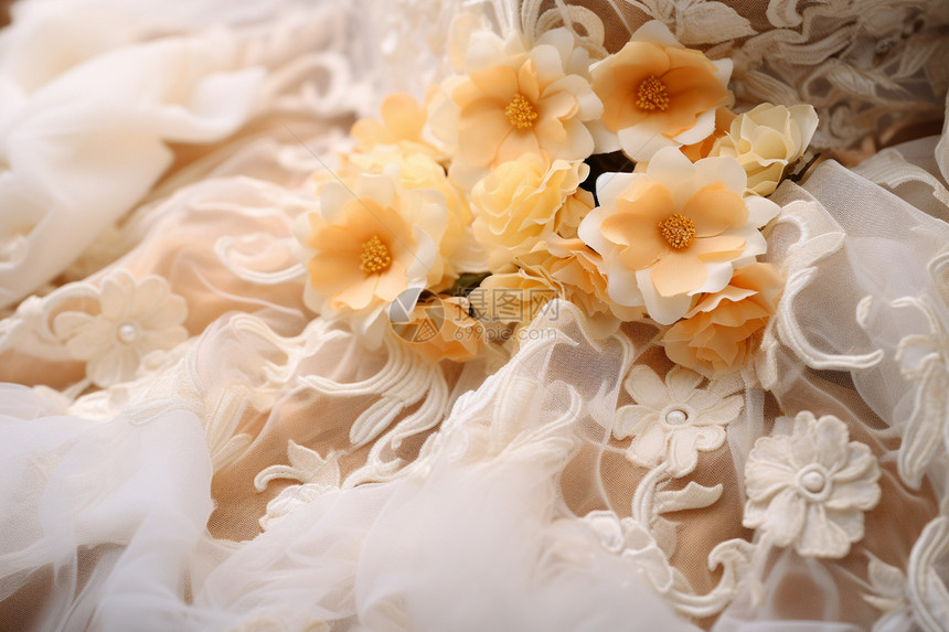 婚纱上的立体花朵装饰图片