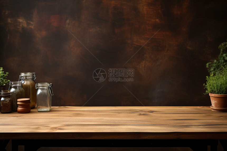 木质桌面上的调料瓶图片