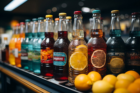 果汁柜台上的多种饮品高清图片