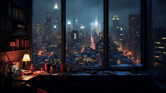 黑暗卧室夜晚卧室窗外的城市景观插画