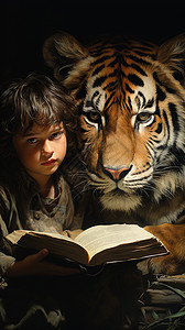 老虎旁阅读的小男孩图片