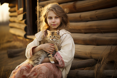 木屋前女孩怀中的猫咪图片