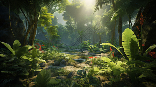 宁静的热带雨林景观插画