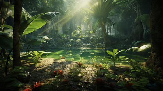 热带雨林景观阳光下的热带雨林插画