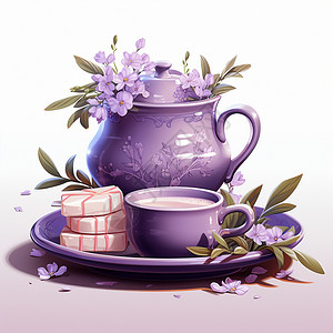精致的紫色茶具插画图片