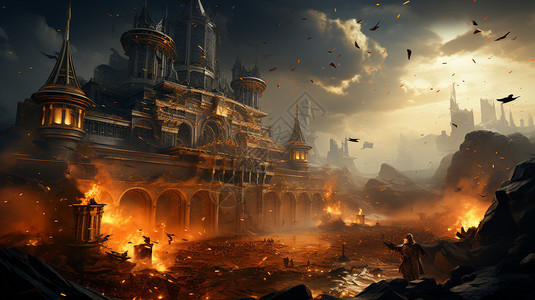 战乱中的古代宫殿背景图片