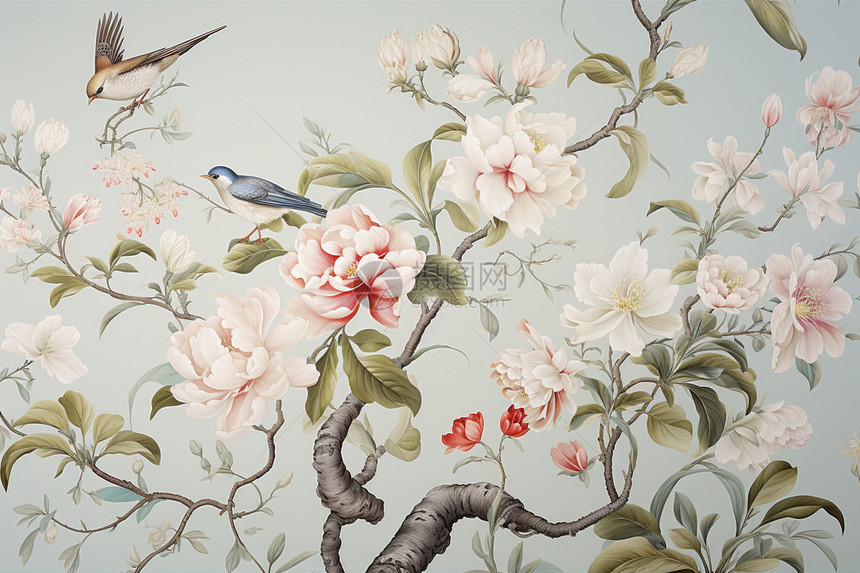 鸟语花香的墙壁画图片