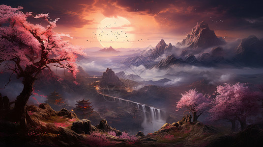 玄幻的夕阳山脉景色插画图片