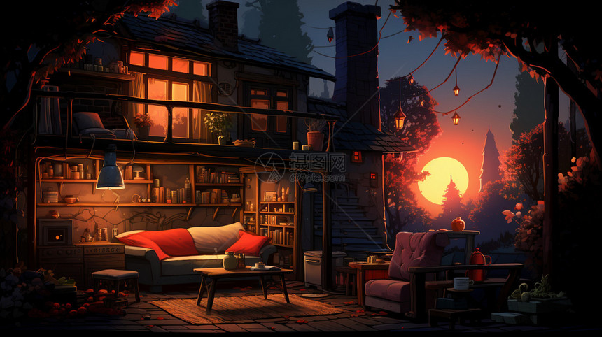 日落下惬意的木屋庭院插画图片