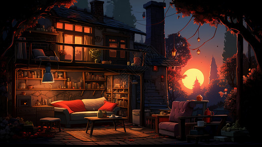 日落下惬意的木屋庭院插画背景图片