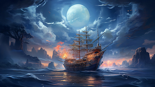 海中岩石旁航行的帆船插画