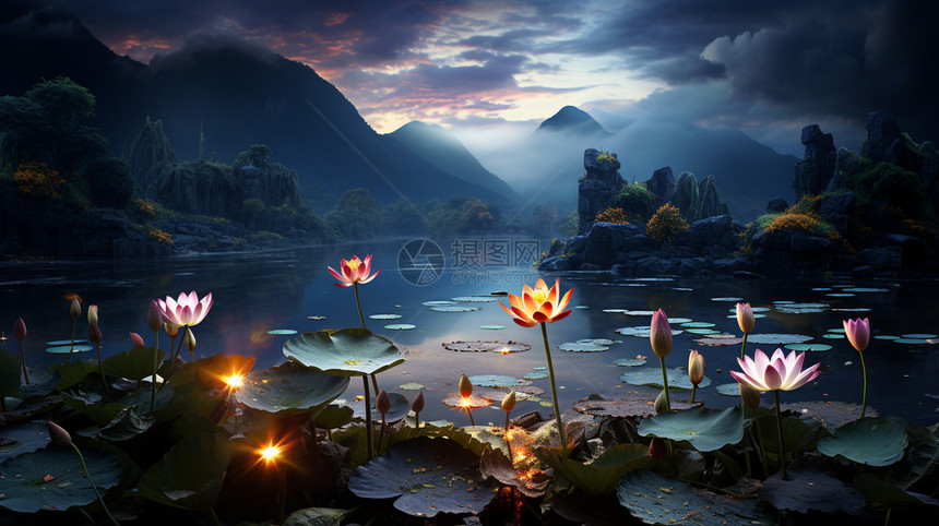 傍晚池塘中的发光莲花图片