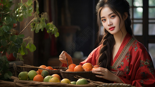 摊位上售卖水果的古代女子背景图片