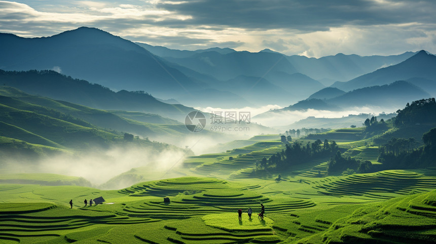 山脉中的农业种植梯田景观图片