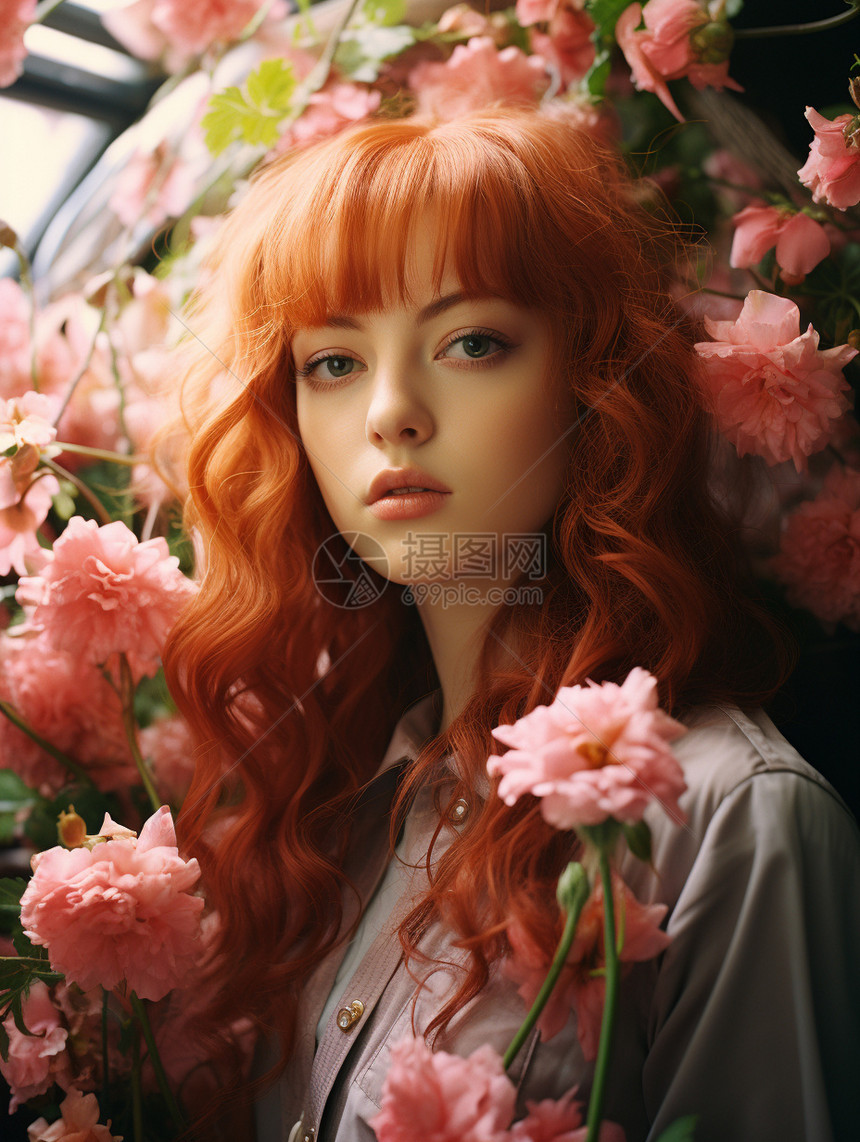 红发少女和粉色的花朵图片