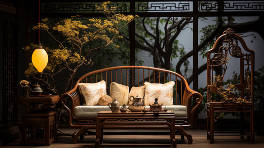 实木花格典雅的新中式客厅装潢设计图片