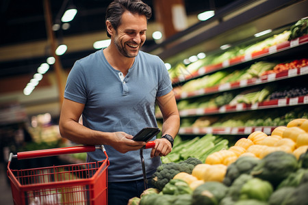 超市年终优惠券拿着手机在超市购物的男子背景