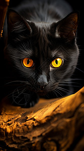 一只小黑猫小黑猫的面部特写镜头背景