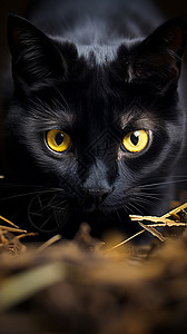 眼神警惕的小黑猫图片