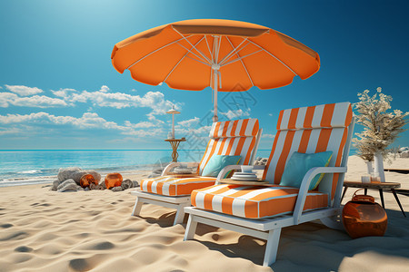 沙滩太阳伞和我放沙滩上的椅子背景