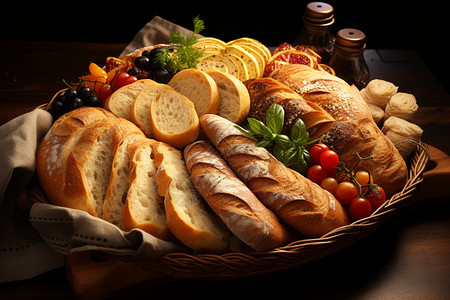 法式长棍面包和面包片图片
