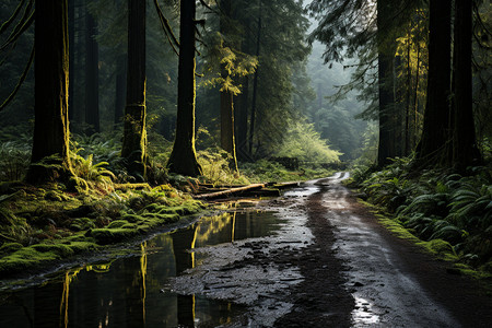 早晨时分的杉树树林高清图片