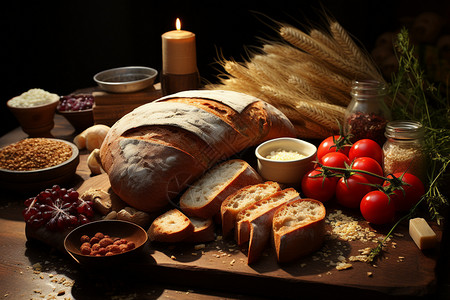 桌上的谷物面包和蔬菜图片
