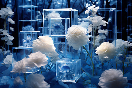 白背景上的花卉蓝白相间的样式与精细的几何图案设计图片