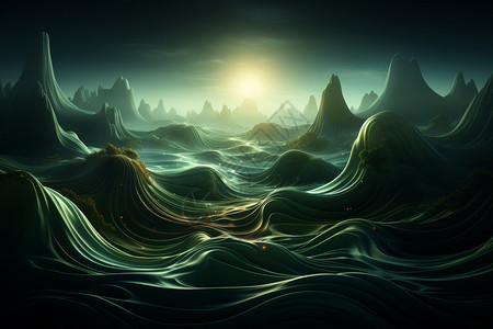 幻影3d素材绿色抽象波浪背景设计图片