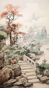 美丽的写实派山水风景画插画