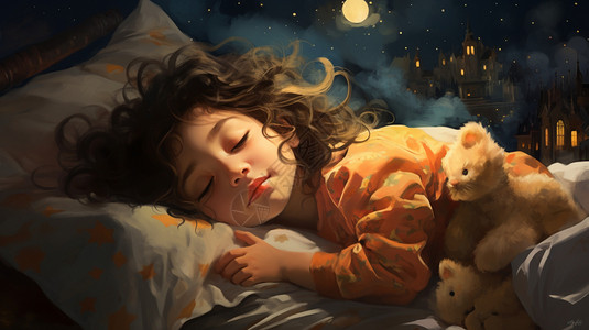 床上入睡的可爱小女孩图片