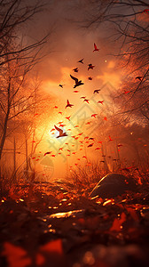秋天日出森林的美丽景观图片