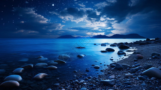 蔚蓝岩石字效美丽星空下的大海插画