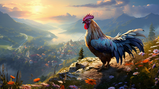 公鸡打鸣素材清晨山顶打鸣的公鸡插画