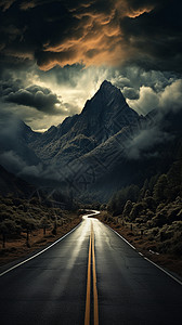 乌云下通往深山的道路背景图片