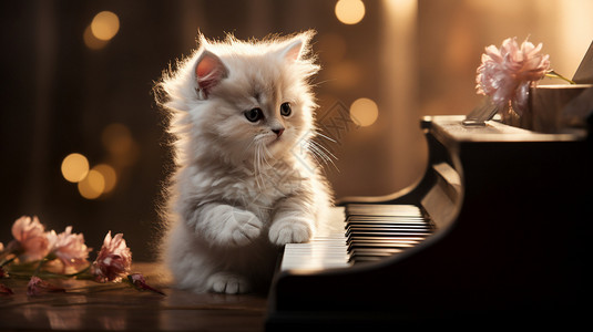 可爱琴键边框钢琴上呆萌的猫咪背景