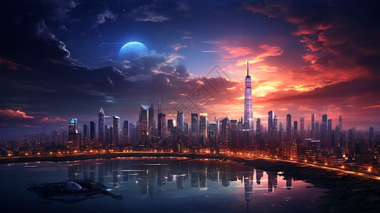 星空城市夜景梦幻星空下的城市夜景插画