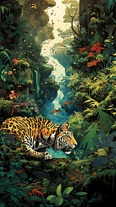 山林中觅食的老虎动画插画图片