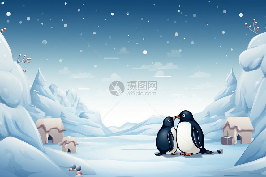 企鹅情侣雪地相遇图片