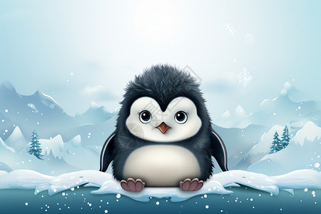 可爱企鹅坐在雪山背景下背景图片