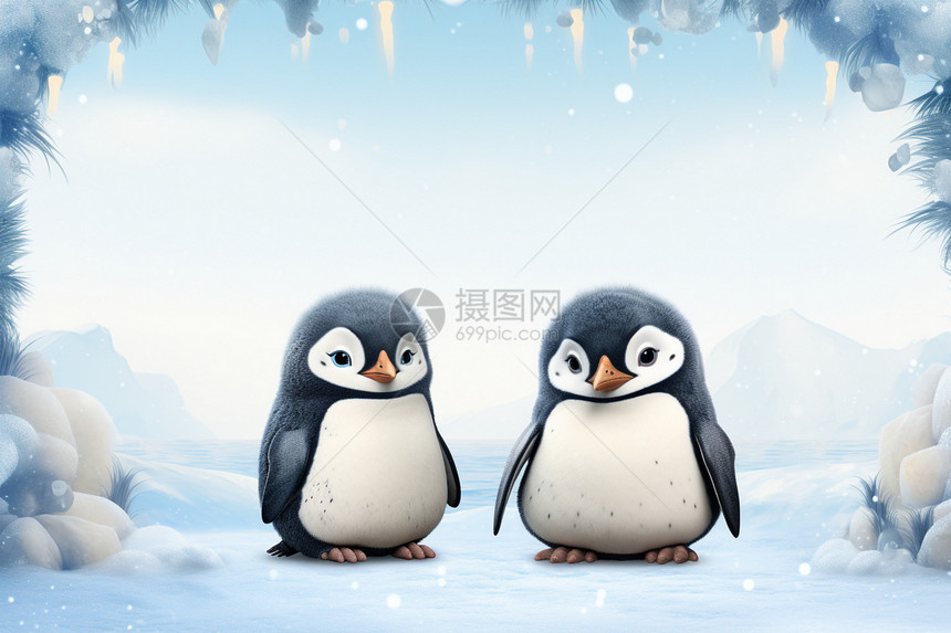 雪中两只企鹅图片