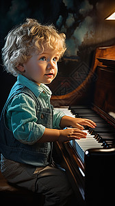 钢琴油画正在弹奏钢琴的男孩背景