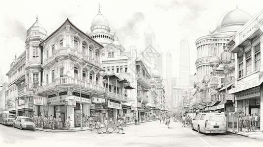黑白街景素描风欧式建筑街景插画