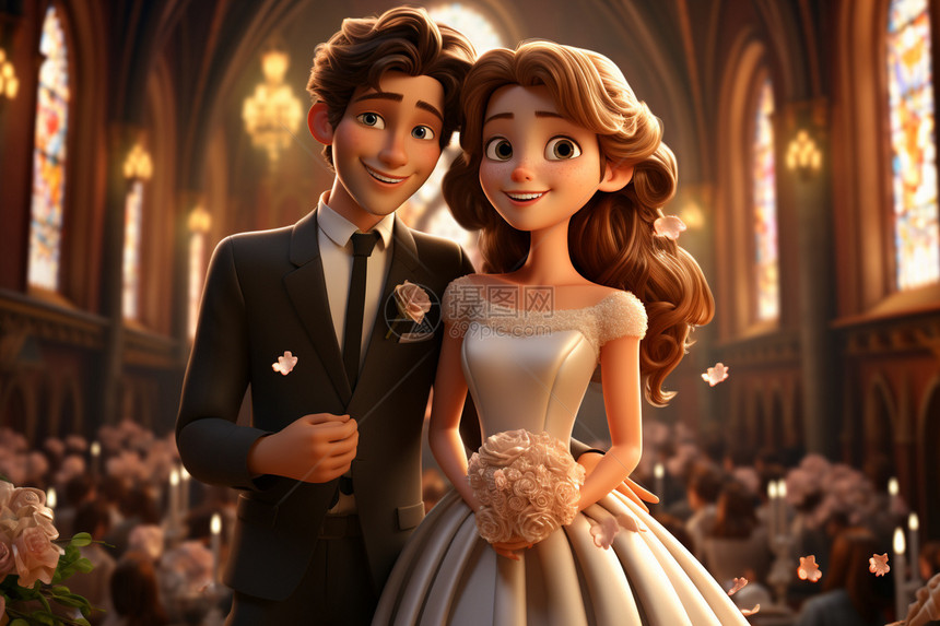 卡通3D人物的婚礼现场图片