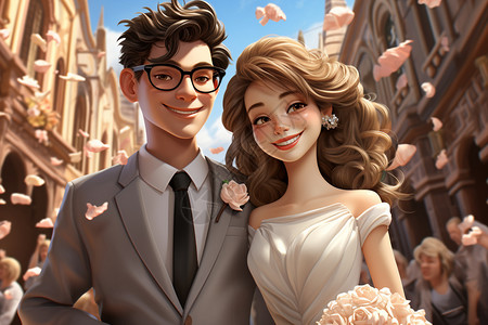 婚囍盒3D人物的婚礼插画