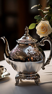 中式古风的银色茶壶图片