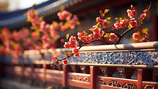 红色手绘花朵美丽的中式建筑背景