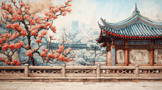 舞蹈室墙面画手绘中国风建筑插画